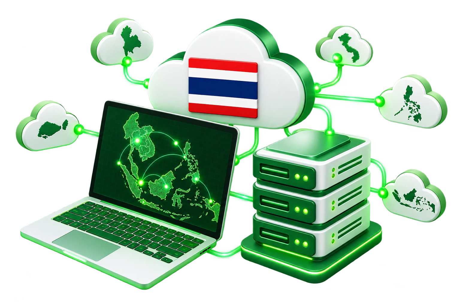 Cloud VPS illustration with Thai flag and Southeast Asian connections